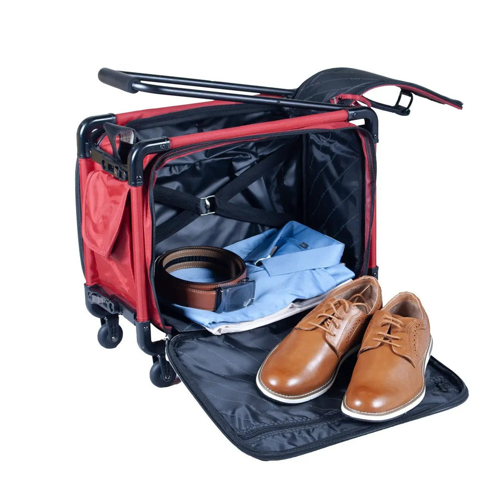 Tutto 17-inch carry-on luggage on wheels in red, open with dress shoes and belt visible.