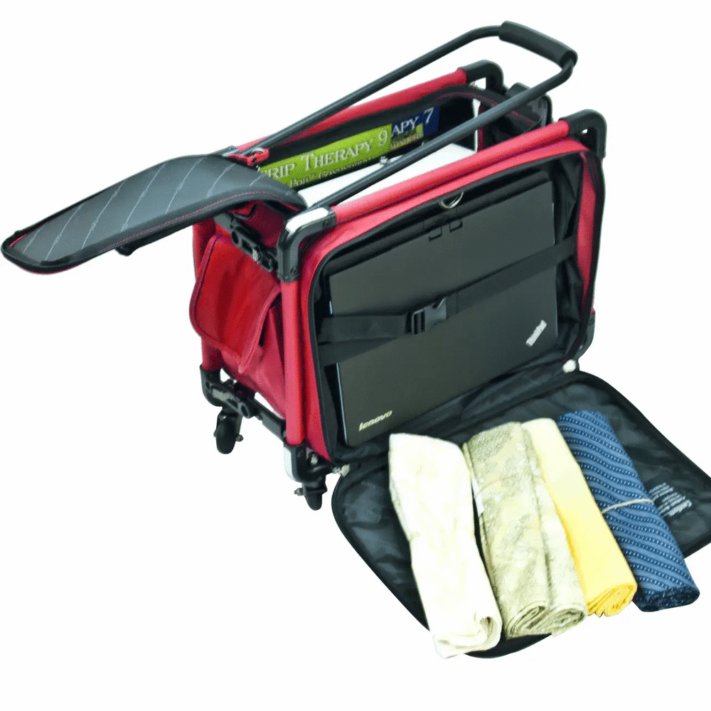 Tutto 17-inch red carry-on luggage on wheels opened to reveal a Lenovo laptop in the front compartment