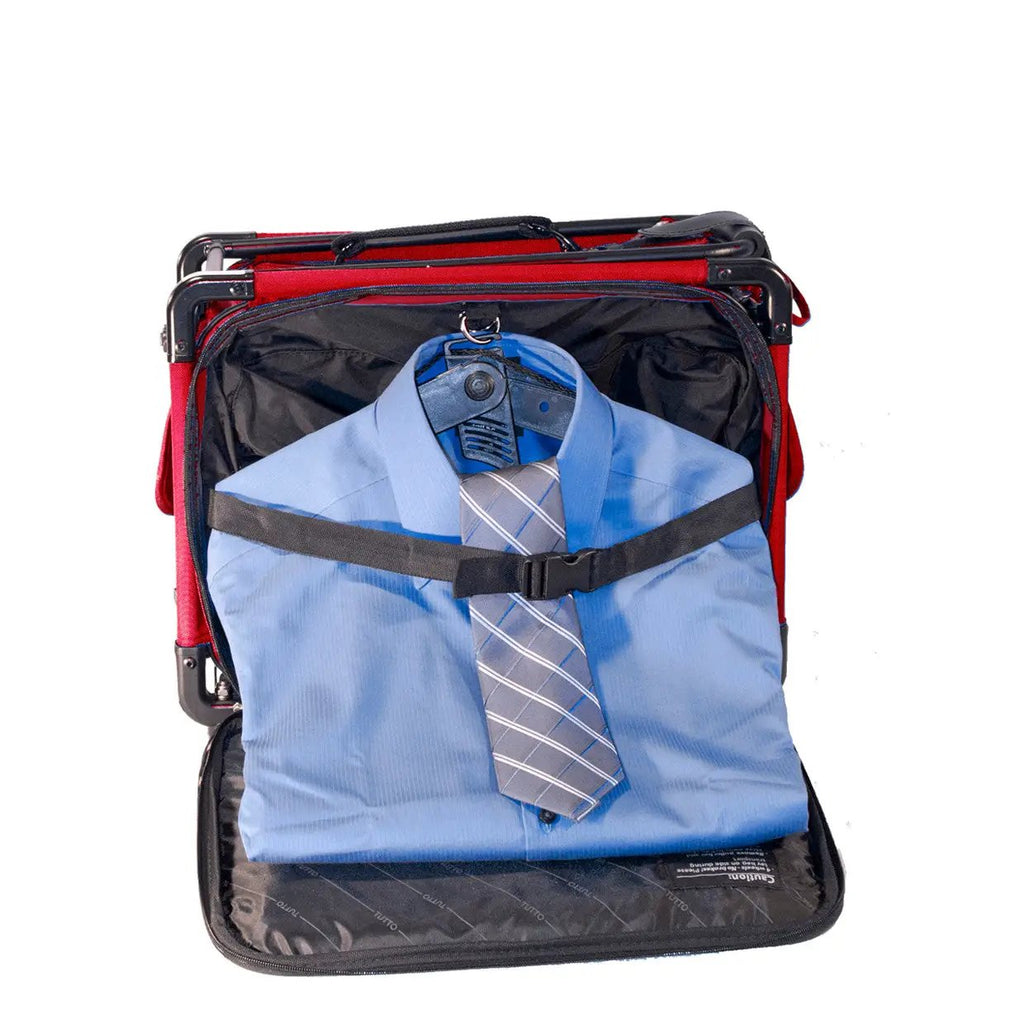 Tutto 17in red small carry-on luggage on wheels with blue dress shirt and gray plaid tie inside