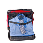 Tutto 17in red small carry-on luggage on wheels with blue dress shirt and gray plaid tie inside