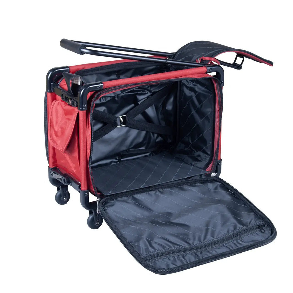 17-inch Tutto small carry-on luggage on wheels, red, opened to reveal interior compartments and straps