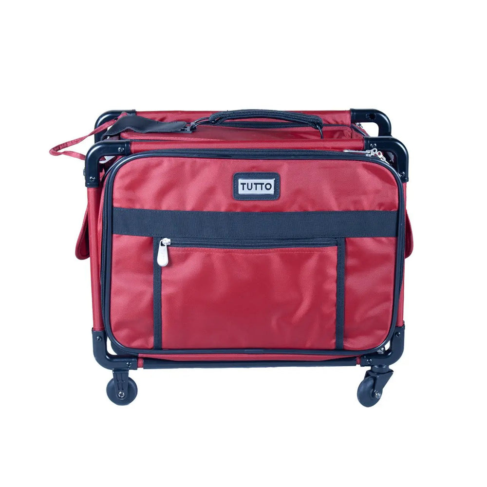 Tutto 17-inch red carry-on luggage on wheels with navy accents and front zip pocket.