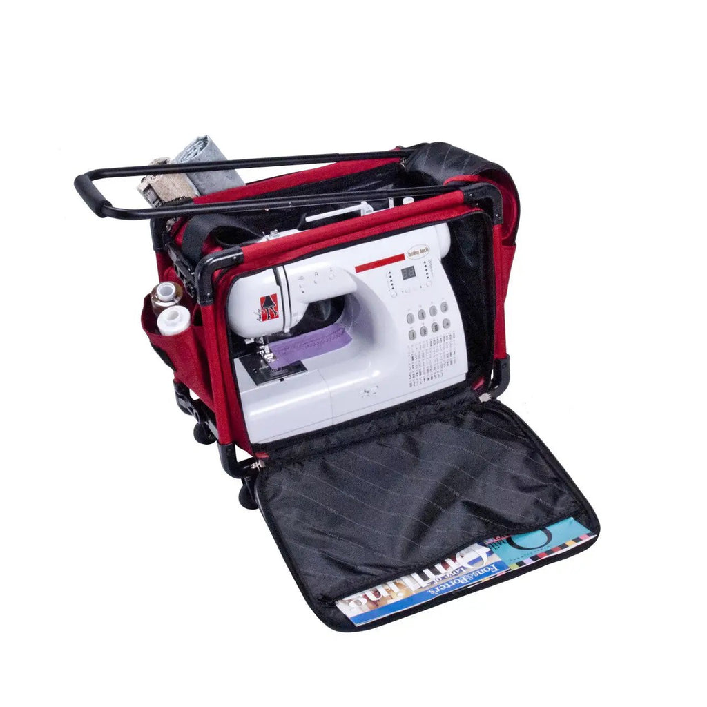 Tutto 17in red small carry-on luggage on wheels opened to reveal sewing machine and accessories