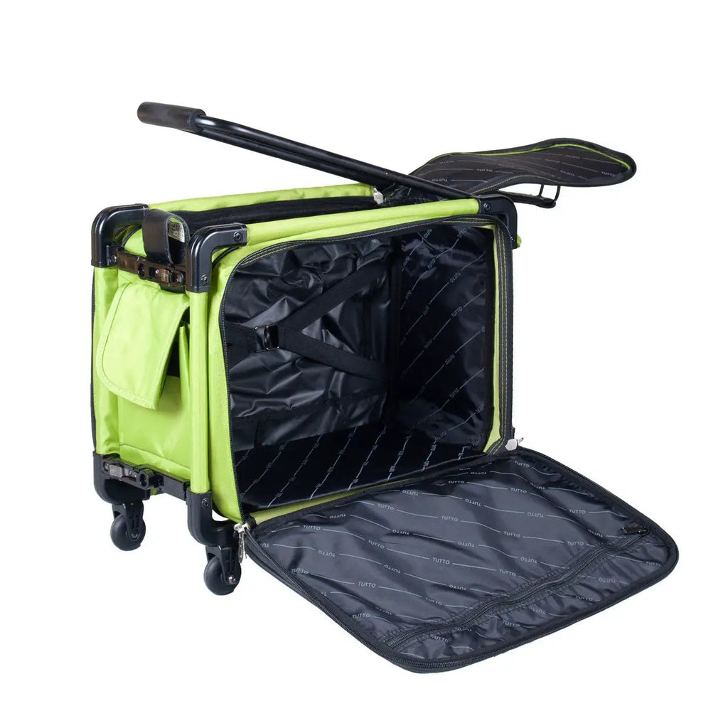 Tutto 17-inch lime carry-on luggage on wheels with lime fabric, black interior, and open front compartment.