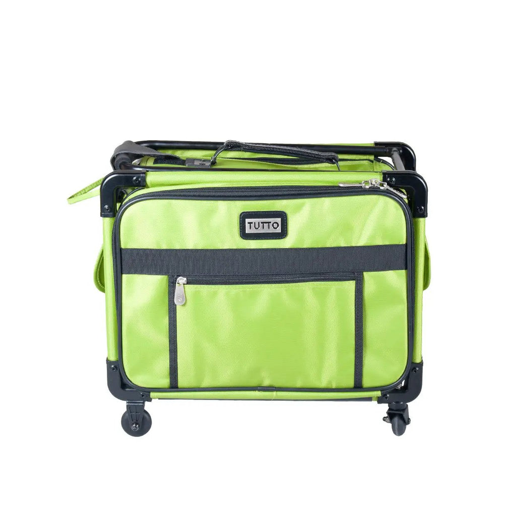 Tutto 17-inch lime carry-on luggage on wheels; lime fabric with black frame, front zipper pocket, and Tutto logo