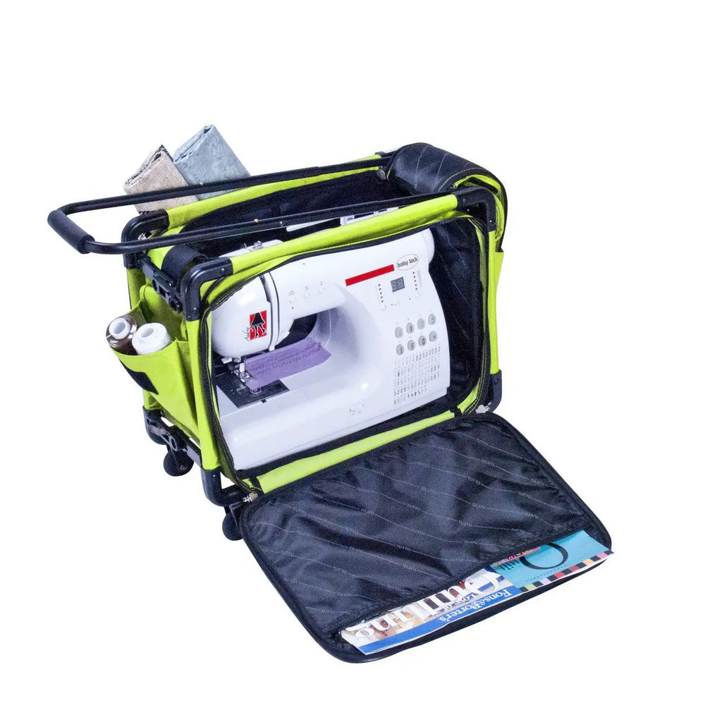 Tutto 17in small lime carry-on luggage on wheels opened to reveal sewing machine inside