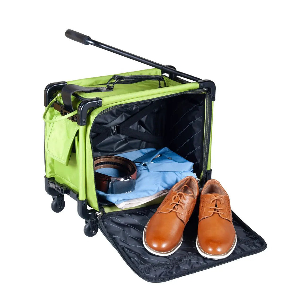 Tutto 17-inch small carry-on luggage on wheels in lime green, opened with clothes and brown shoes
