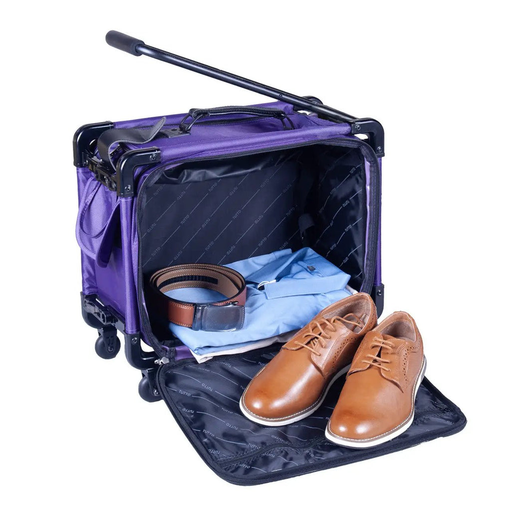 Tutto 17-inch purple small carry-on luggage on wheels, opened to show clothing inside