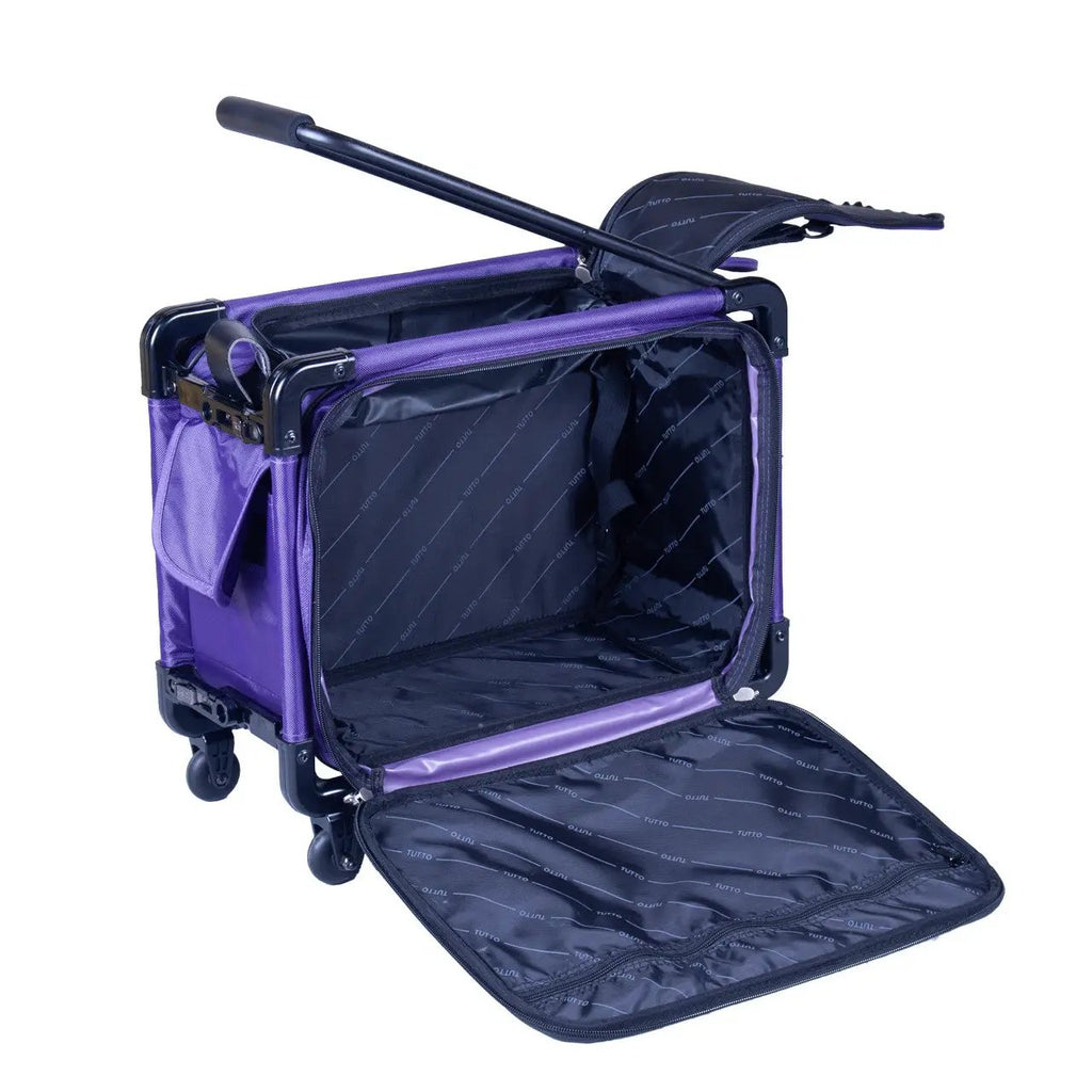 Tutto 17-inch Small Carry-On Luggage on Wheels in purple, open to reveal navy interior with Tutto branding.