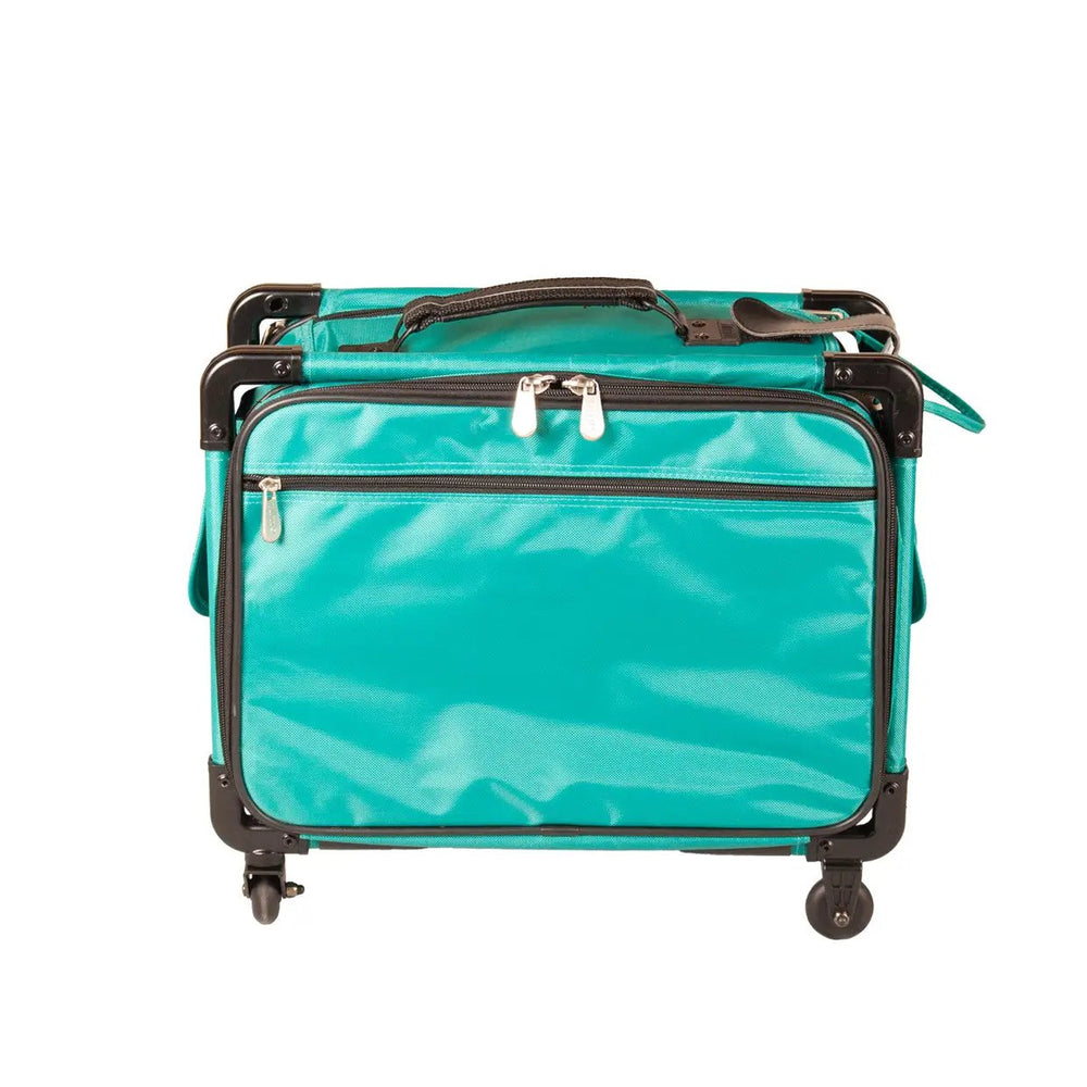 Tutto 17-inch turquoise carry-on luggage on wheels with black frame and multiple zip pockets