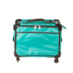 Tutto 17-inch turquoise carry-on luggage on wheels with black frame and multiple zip pockets