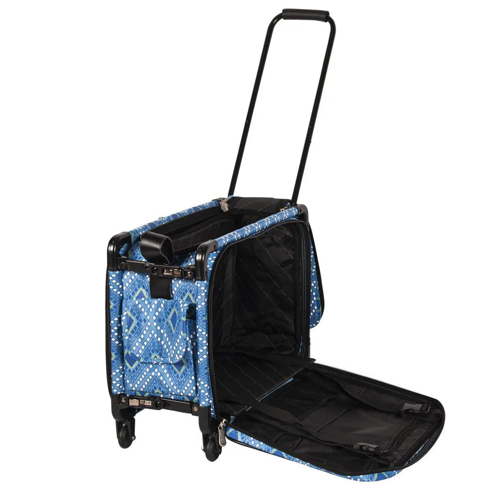 SewingMachinesPlus 20-inch blue diamond print machine-on-wheels carry-on case, open with black interior