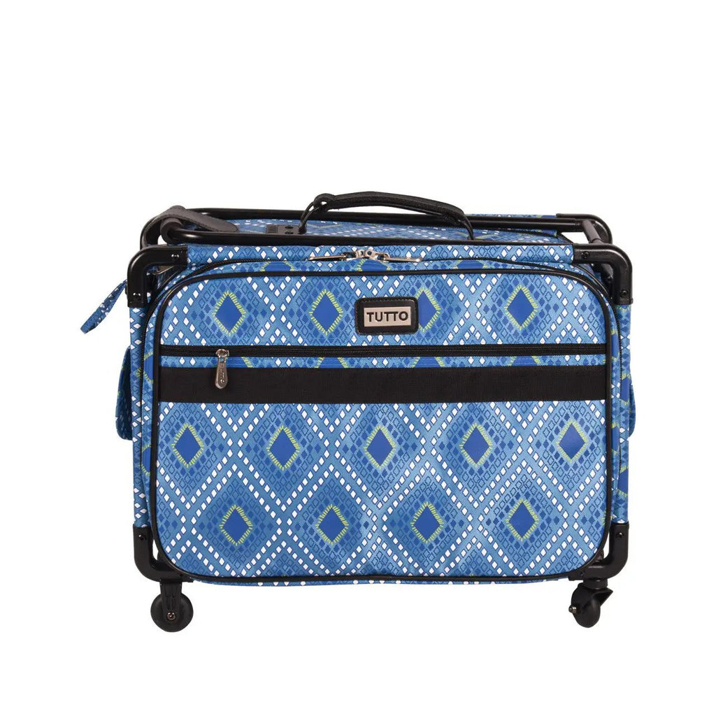 SewingMachinesPlus 20in blue diamond print machine-on-wheels carry-on bag with Tutto logo