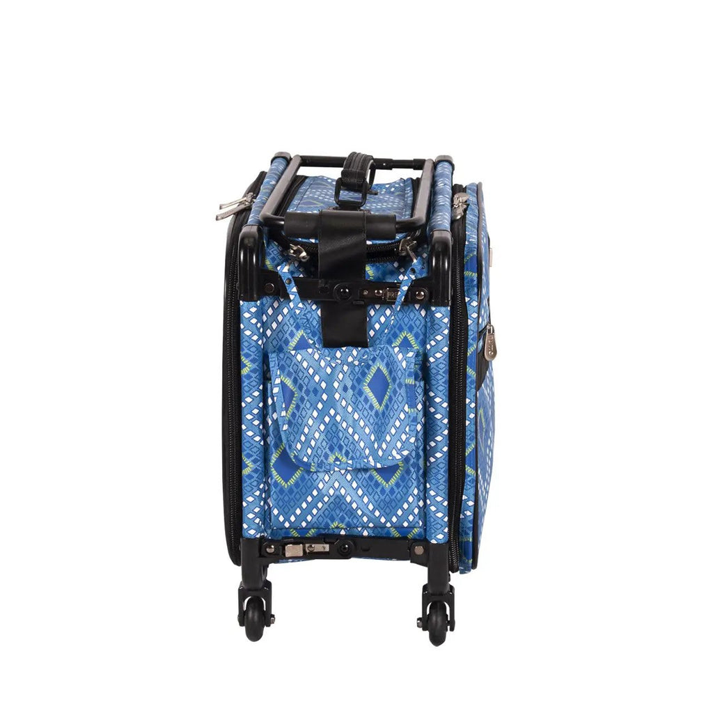 SewingMachinesPlus 20-inch blue diamond print machine-on-wheels carry-on suitcase with geometric fabric