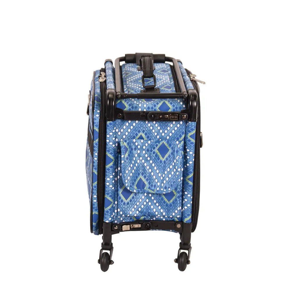 20-inch blue diamond-print machine-on-wheels carry-on luggage
