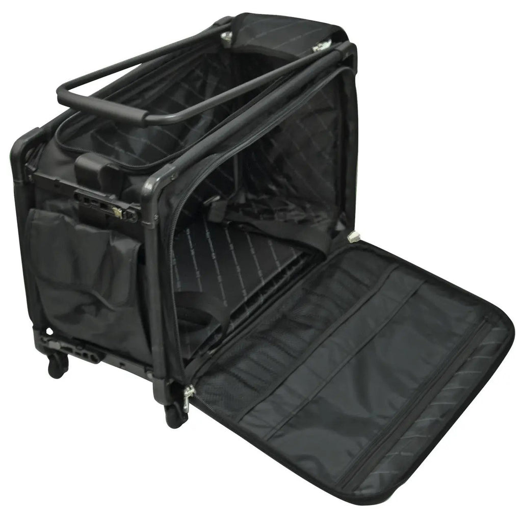 Tutto 20in medium machine on wheels bag, black with open interior showing compartments