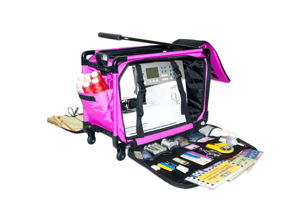 Tutto 20-inch pink rolling sewing machine bag with sewing machine inside and front accessory pockets
