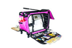 Tutto 20-inch pink rolling sewing machine bag with sewing machine inside and front accessory pockets
