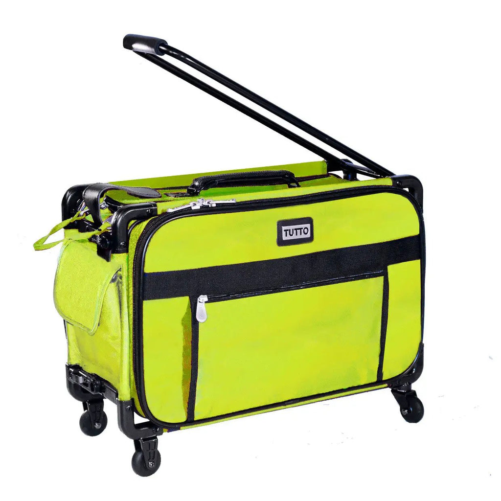 Tutto 20-inch lime rolling machine bag with top handle and front zipper pocket.