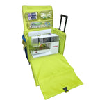 21-inch EZ-Glide trolley sewing bag in lime green with blue accents, opened to reveal a Bernina sewing machine.