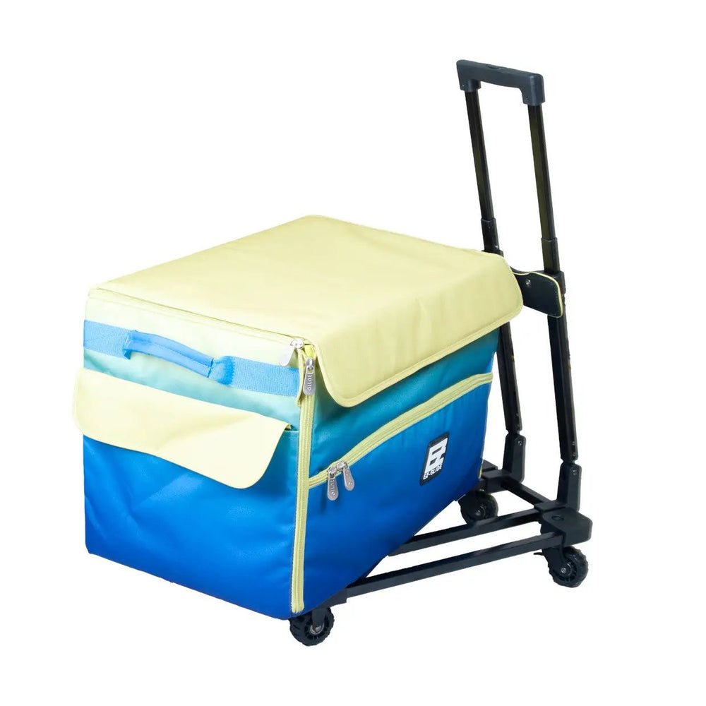 21-inch EZ-Glide Trolley sewing basket by Tutto; blue and lime green on wheeled frame.