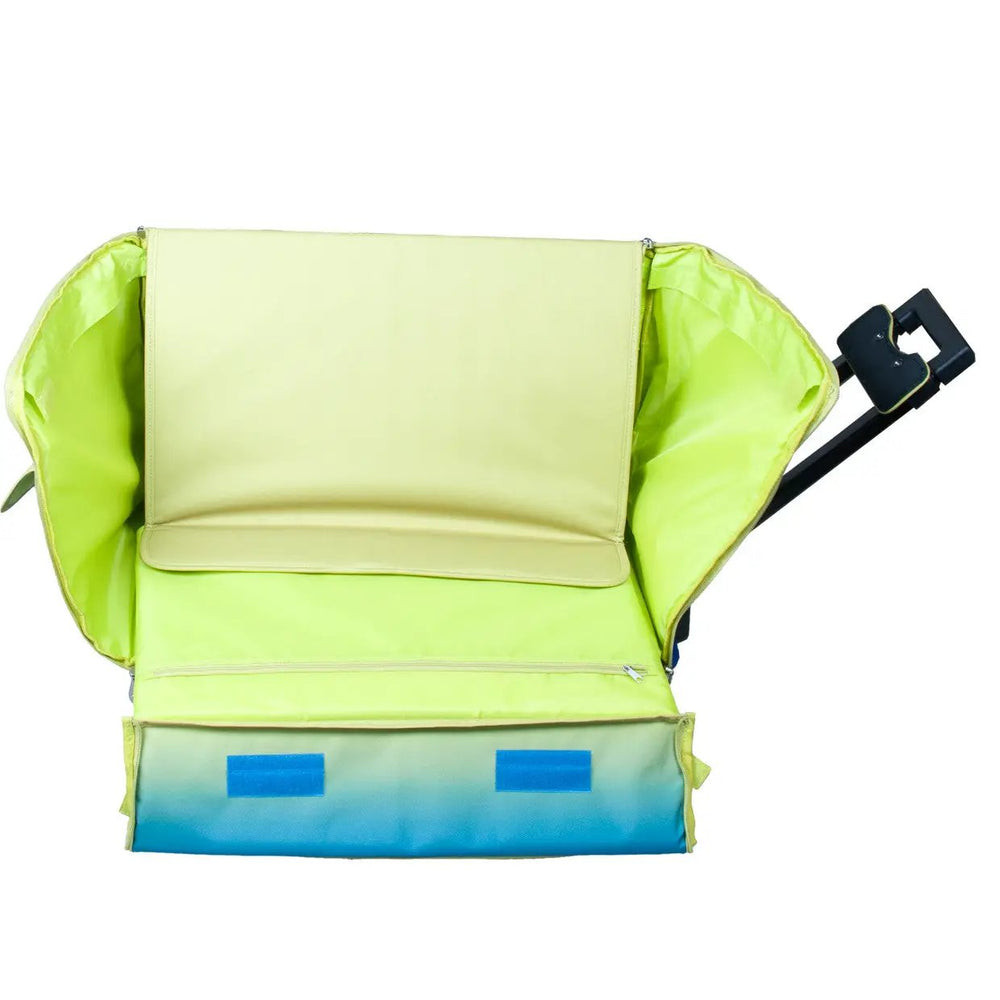 Tutto 21-inch EZ-Glide trolley sewing basket with lime green interior and blue base