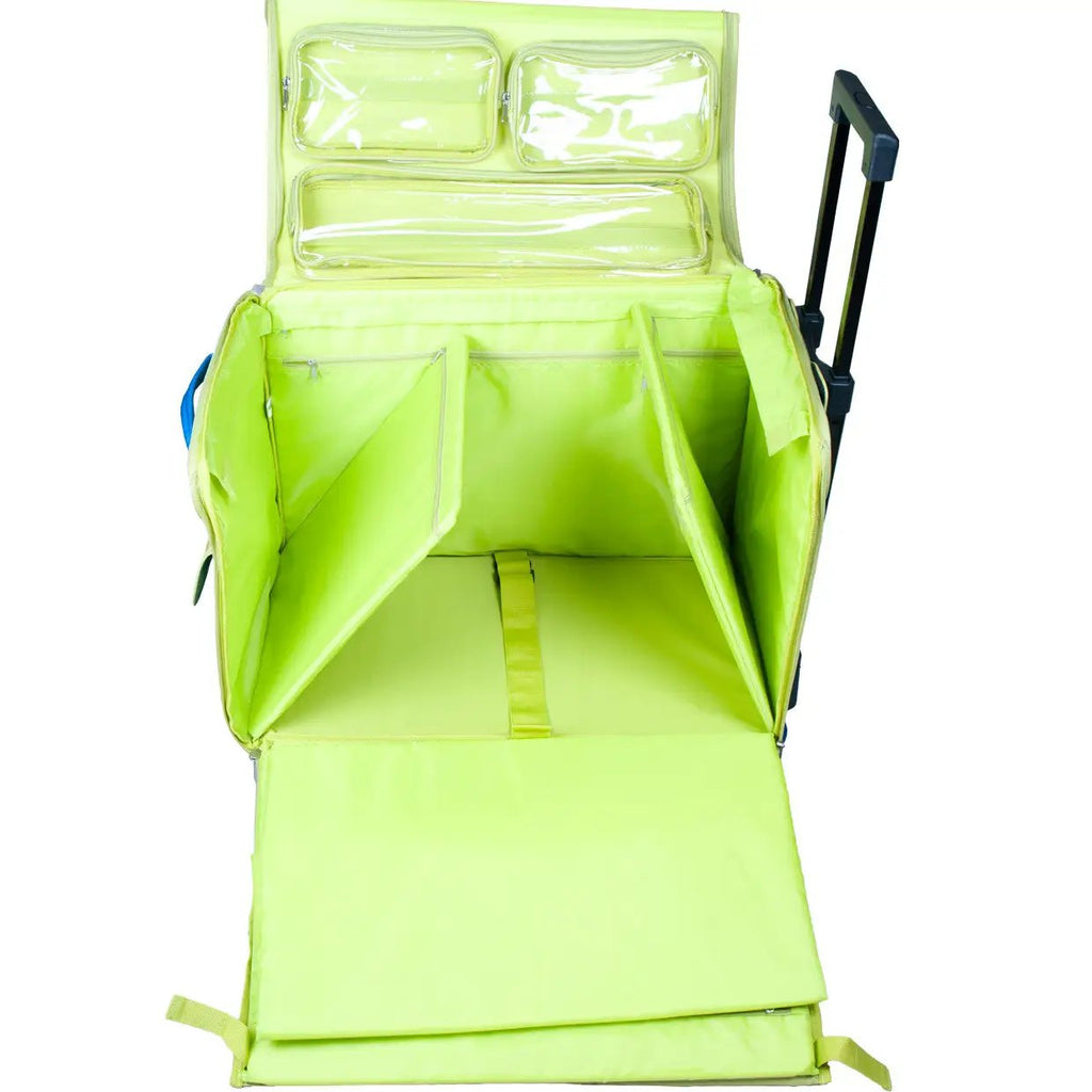 Tutto 21-inch EZ-Glide Trolley sewing basket in lime green with clear zip pockets and blue handle.