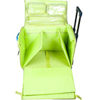 Tutto 21-inch EZ-Glide Trolley sewing basket in lime green with clear zip pockets and blue handle.