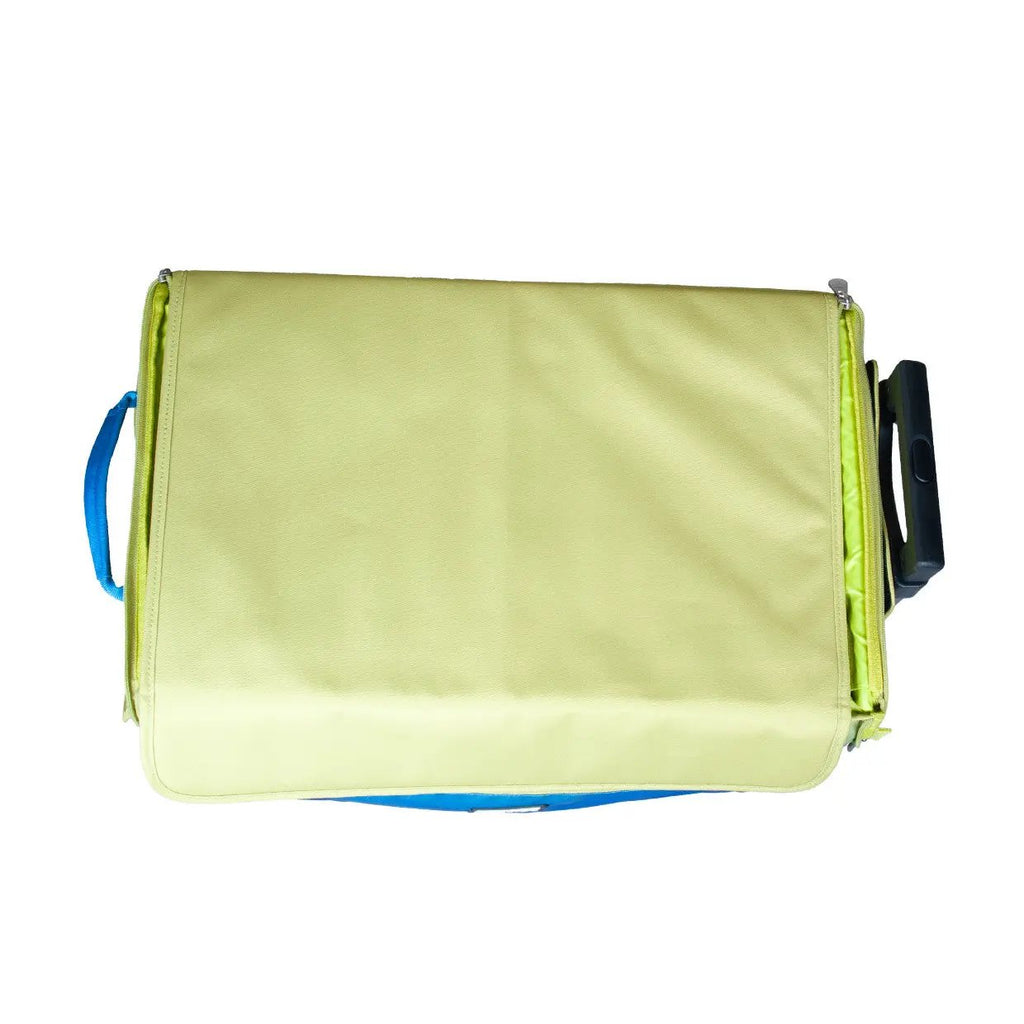 Tutto 21-inch EZ-Glide Trolley machine bag in lime green with blue accents; sewing basket