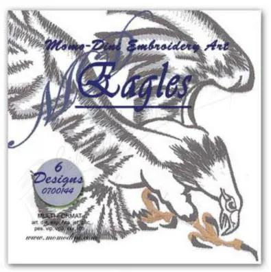 Momo-Dini Embroidery Designs Eagles collection cover with grayscale eagle illustration and blue logo; 6 designs, 0700144