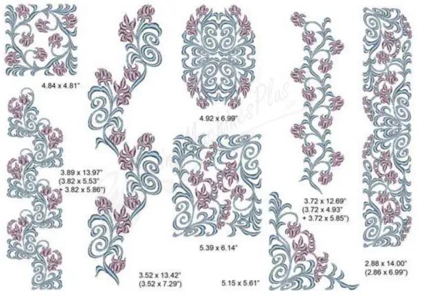 Momo-Dini Embroidery Designs Blue Vine collection: blue and purple floral vine borders and motifs