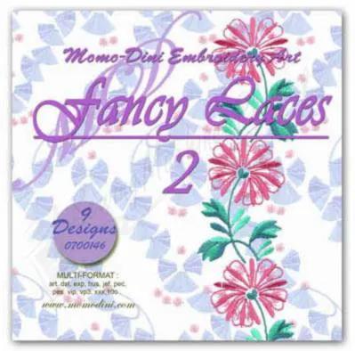Embroidery designs: Momo-Dini Fancy Laces 2 cover with pastel purple floral art and pink blossoms, 9 designs.