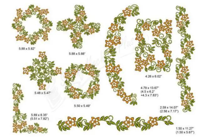 Momo-Dini Embroidery Designs: Wild Flowerets 2 set with orange flowers and green leafy borders