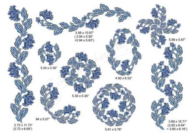 Momo-Dini embroidery designs: Blue Peony collection of blue rose embroidery motifs and floral frames.