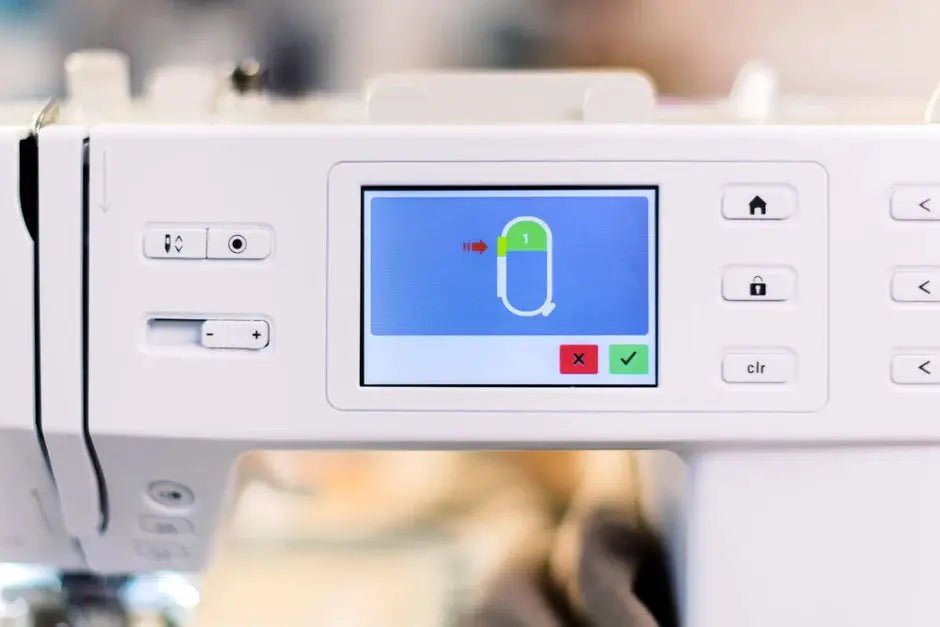 Bernette B59 sewing and embroidery machine control panel, white with color touchscreen display.