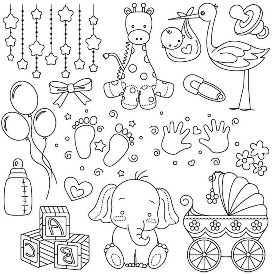 Threaders Embroidery Transfer Sheets - Baby; monochrome line-art designs of giraffe, elephant, stork, blocks and pram.