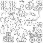 Threaders Embroidery Transfer Sheets - Baby; monochrome line-art designs of giraffe, elephant, stork, blocks and pram.