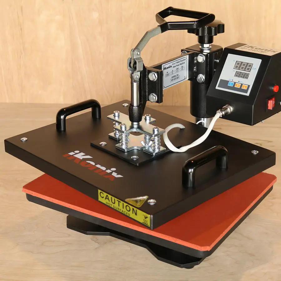 Ricoma HP-0401MF multifunction heat press with digital control panel, black top and orange platen.