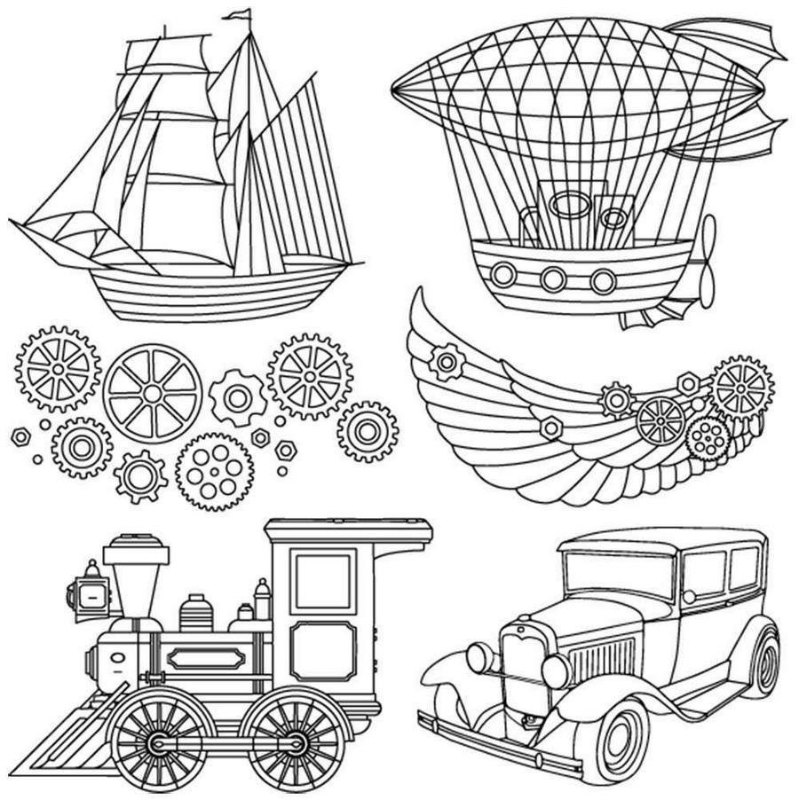 Threaders Embroidery Transfer Sheets Traveller set; travel-themed line art of ships, airship, gears, train, and vintage car