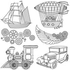 Threaders Embroidery Transfer Sheets Traveller set; travel-themed line art of ships, airship, gears, train, and vintage car