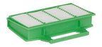 Sebo HEPA service box for Airbelt K Series; green plastic frame with white pleated filters