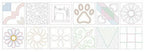 DIME Monster Block Maker hooping aid, Single Needles Only; 14 square pattern designs in pastel line art.