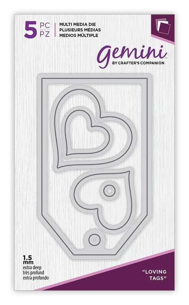 Gemini Junior cutting and embossing machine by Crafter's Companion; packaging features 5-piece Loving Tags die set