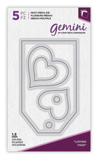 Gemini Junior cutting and embossing machine by Crafter's Companion; packaging features 5-piece Loving Tags die set