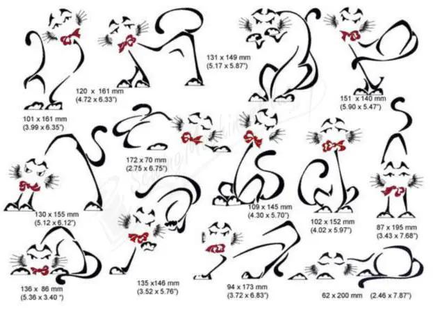 Momo-Dini Embroidery Designs – Momos Cat collection; black cat silhouettes with red bows.