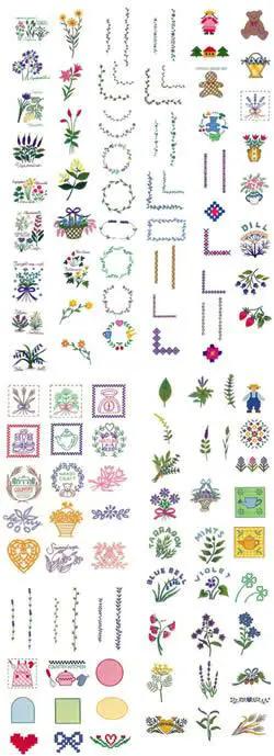 Singer Embroidery Card 5004 sampler featuring colorful floral motifs, borders, and alphabet designs.