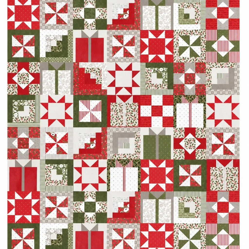 Christmas patchwork quilt fabric featuring red, green, white, and gray geometric blocks with stars, pinwheels, holly prints, stripes, and festive patterns.