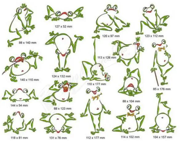 Momo-Dini Embroidery Designs Ribbit! Ribbit! frog set; green frog motifs in various sizes