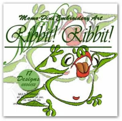 Embroidery designs by Momo-Dini: Ribbit! Ribbit! collection, 17 colorful frog designs.