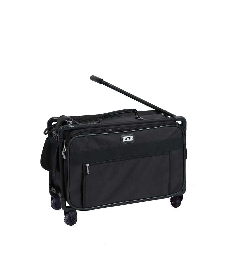 Tutto Large Black machine bag, black rolling bag with extendable handle and front pocket.